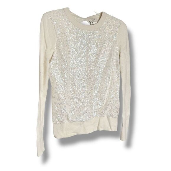 Kate Spade New York Ivory Sequin Front Sweater Keyhole Back Black Satin Bow Sz S - Picture 5 of 9